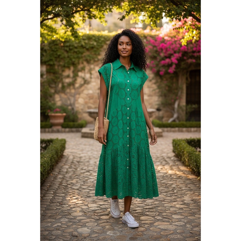 Jaded Gypsy Eyelet Midi Dress L/XL Green NEW Tag Cotton Button Front Tiered Boho